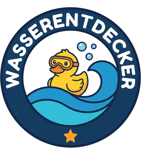 Wasserentdecker-Abzeichen: Ente mit Schwimmbrille auf einer Welle
