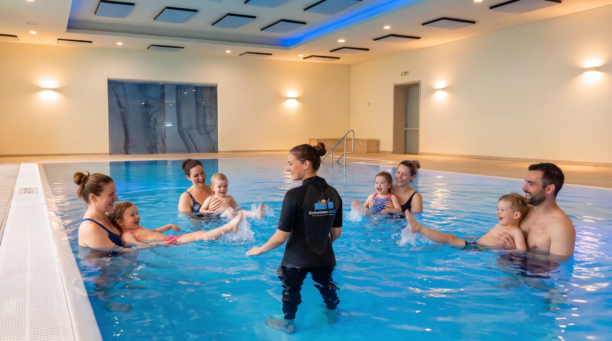 Symbolbild: Eltern-Kind-Schwimmen in Hürth – Eltern halten ihre Kleinkinder im Wasser, in der Mitte die Kursleitung