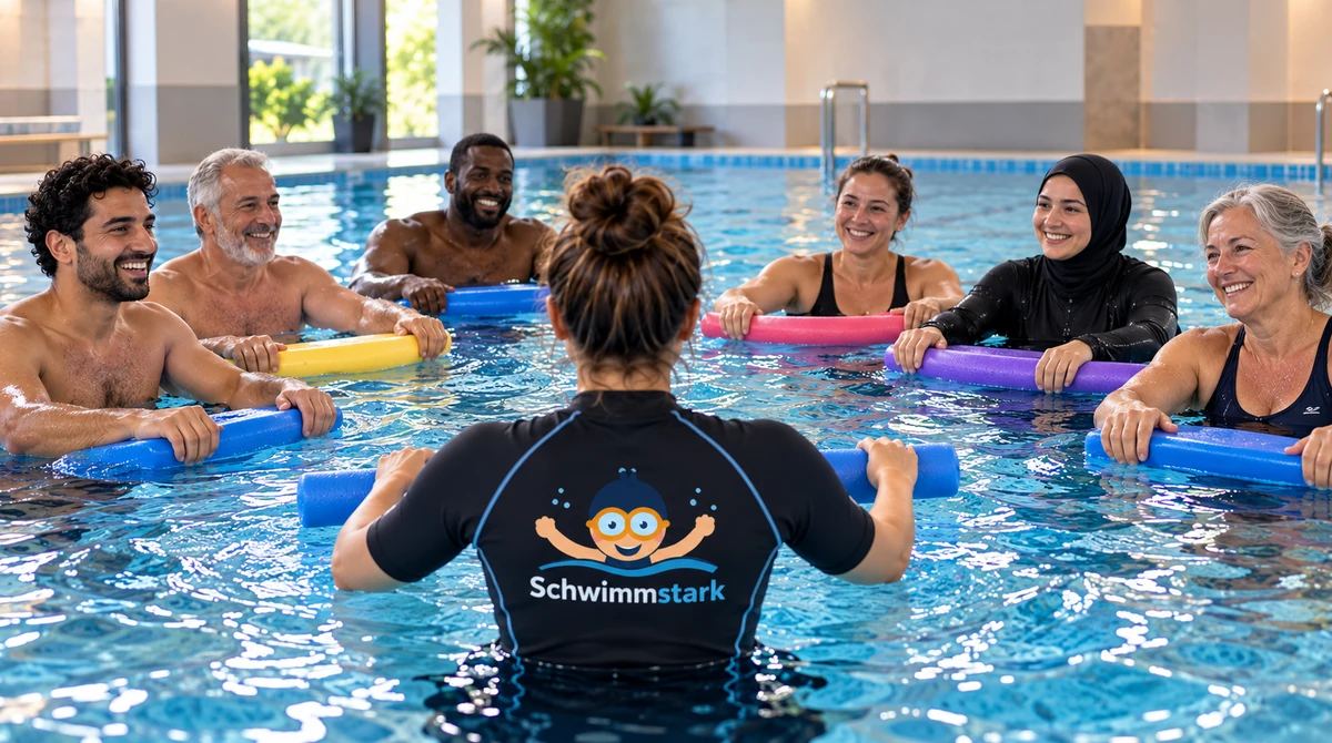 Symbolbild: Erwachsene mit Schwimmnudeln im Wasser, vorne die Kursleiterin im Schwimmstark-Shirt