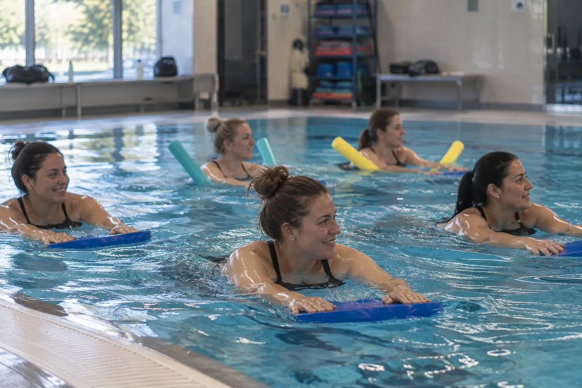 Frauen üben mit Schwimmbrettern im Lehrschwimmbecken