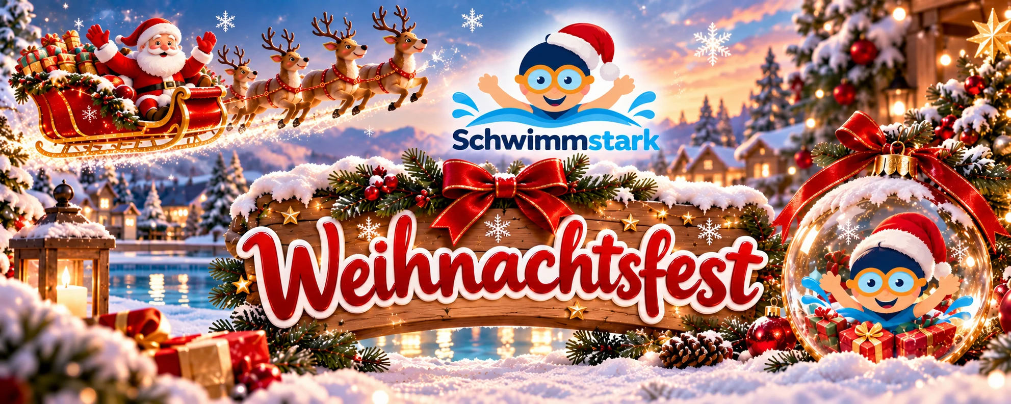 Weihnachtliches Schwimmstark-Motiv: Holzschild mit dem Schriftzug Weihnachtsfest, Weihnachtsmann im Rentierschlitten und das Schwimmstark-Maskottchen mit Weihnachtsmütze