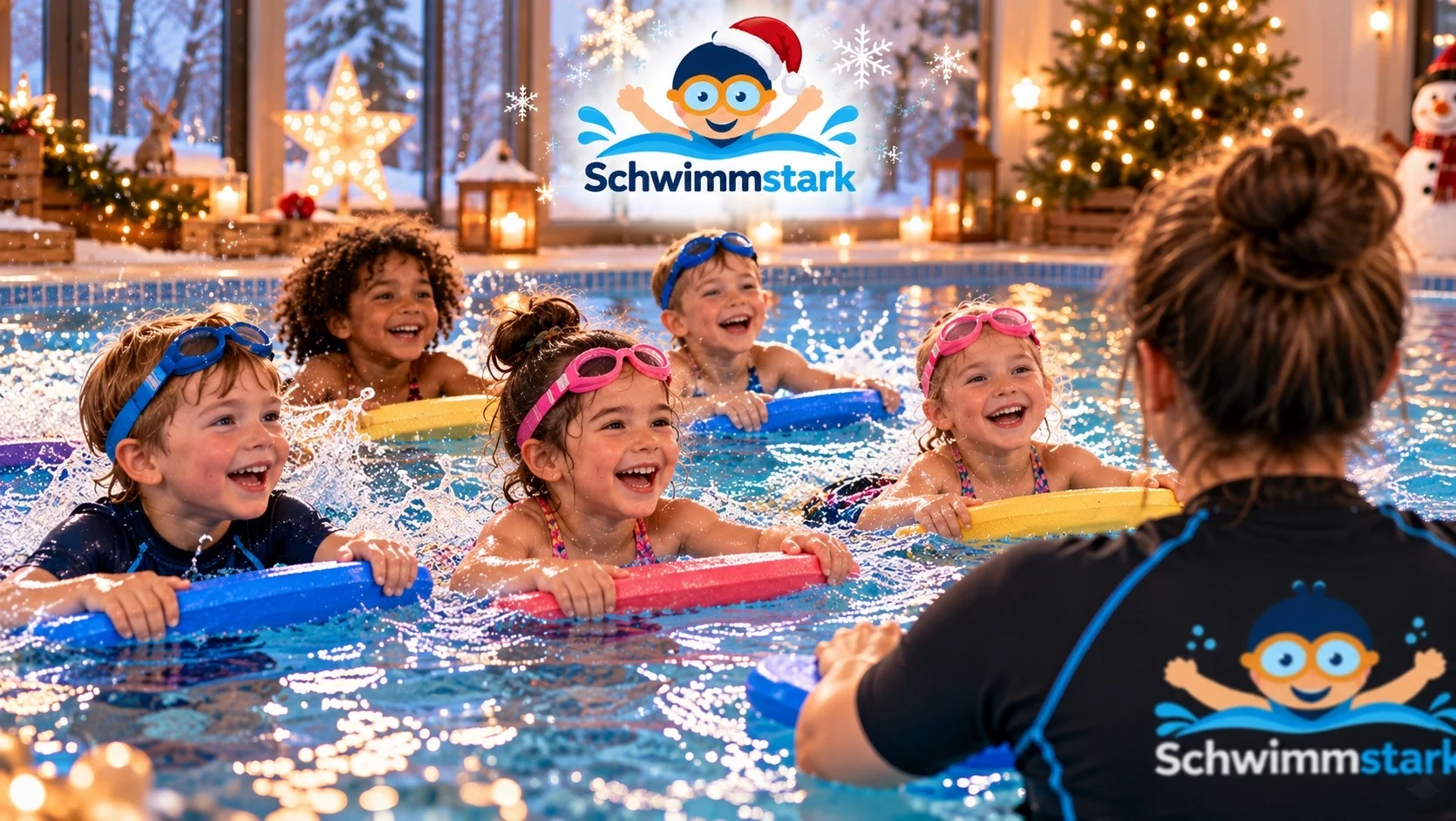 Weihnachtliche Illustration: Kinder mit Schwimmbrettern im Wasser, Kursleiterin daneben, Weihnachtsdeko im Hintergrund