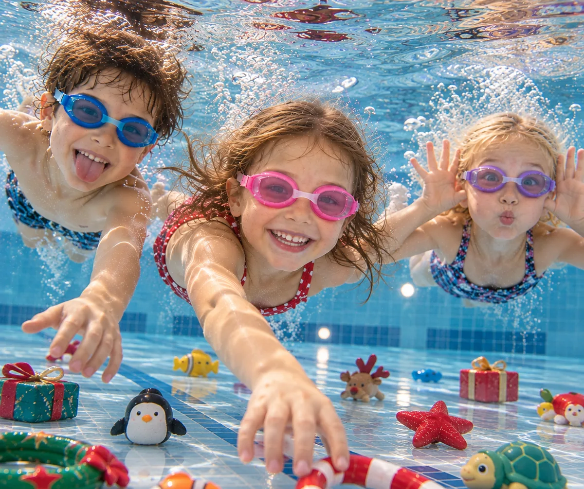 Drei lachende Kinder mit Schwimmbrillen tauchen zu Spielzeug und Geschenken am Beckenboden